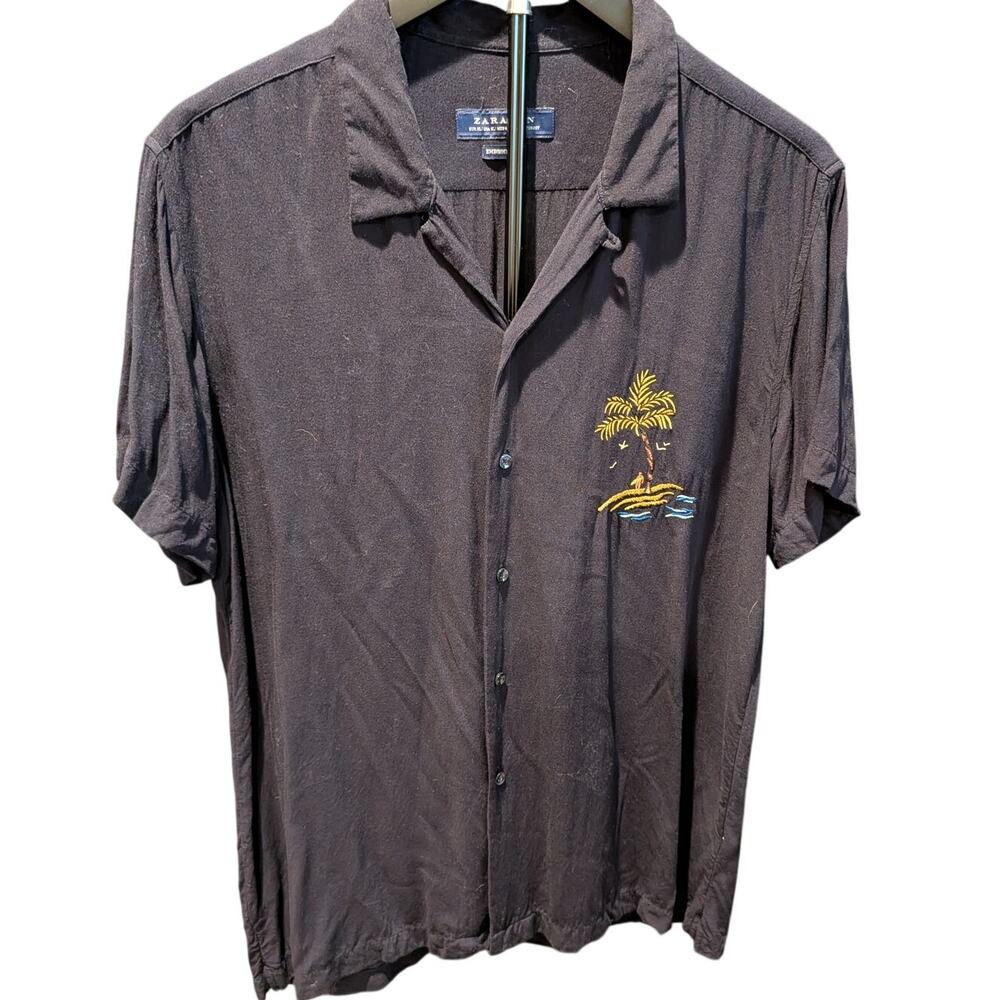 Zara Man XL Okinawa Embroidered Shirt Palm Tree Japanese Souvenir